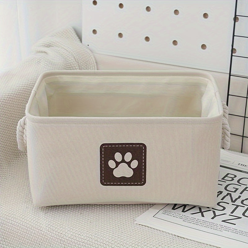 Beige Canvas Multi-Purpose Storage Box - Pet Toy Organizer with Brown Paw Print Design, Rope Handles - Ideal for Dog Toys, Clothes & Organizational Needs