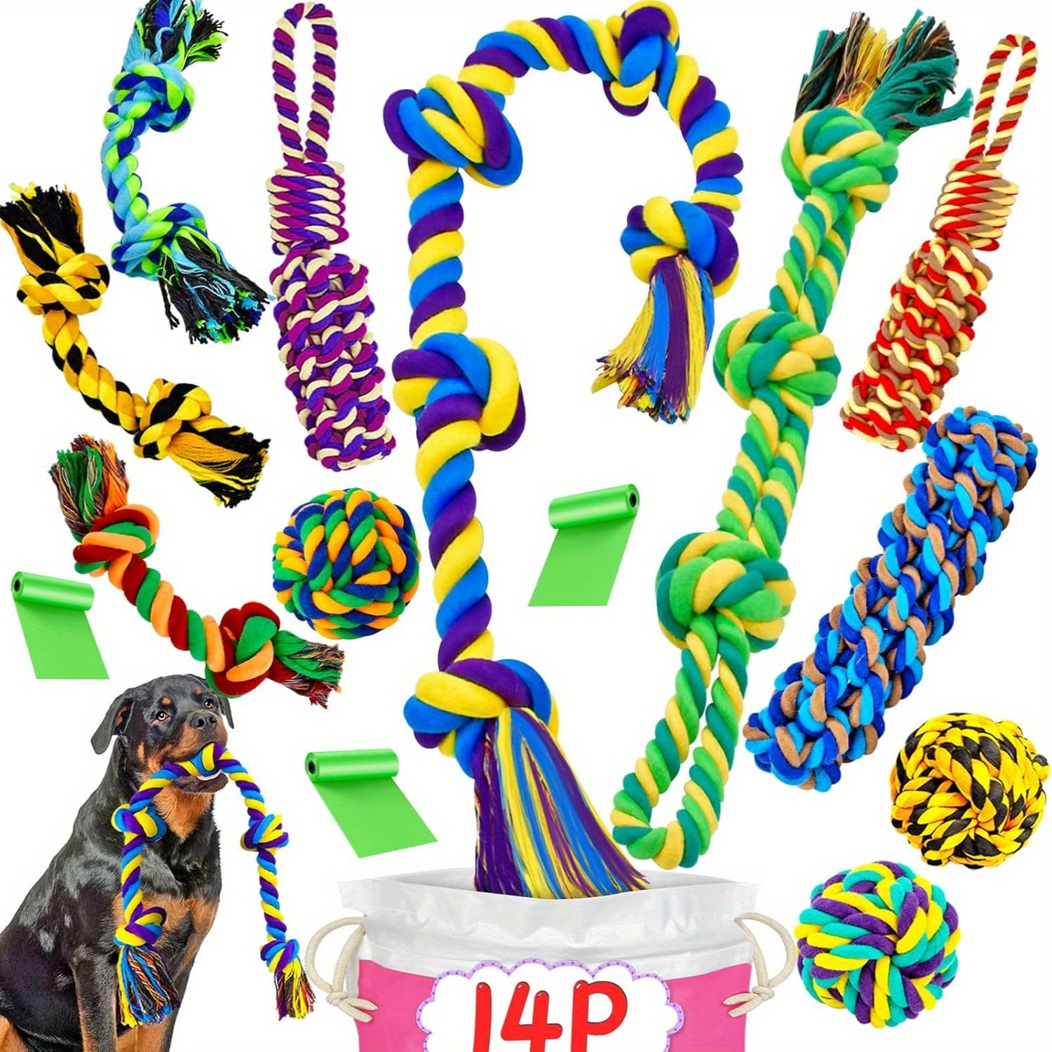 14-Pack Durable Cotton Blend Dog Chew Toys, XL Interactive Rope Toys for Aggressive Chewers, All Breed Sizes, Teeth Cleaning Dog Toys for Large Breeds, Heavy Duty Play Toys for Christmas and Halloween Decor