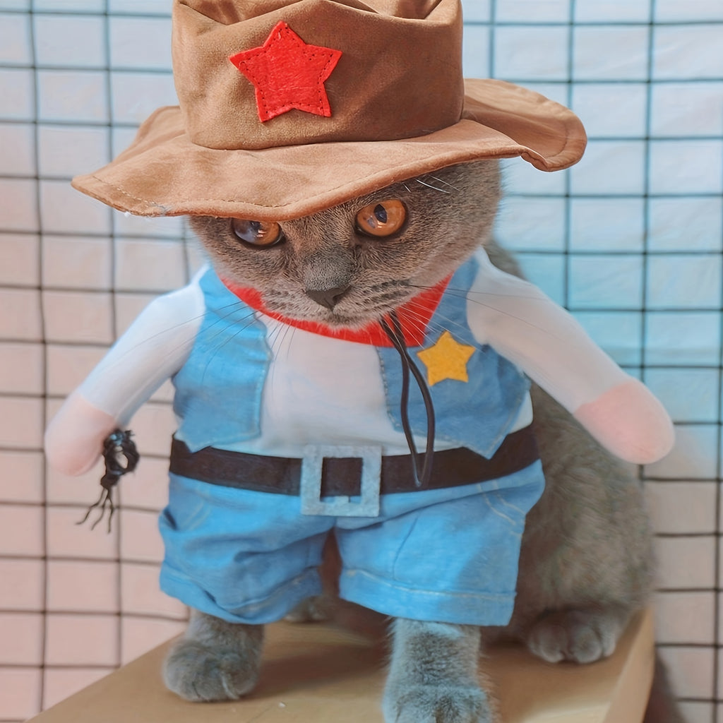Adorable Small Breed Pet Policeman Costume - Polyester Knit Fabric, Cool Outfit with Hat for Christmas Halloween Party, Fun Cat Clothes for Small Dogs and Cats