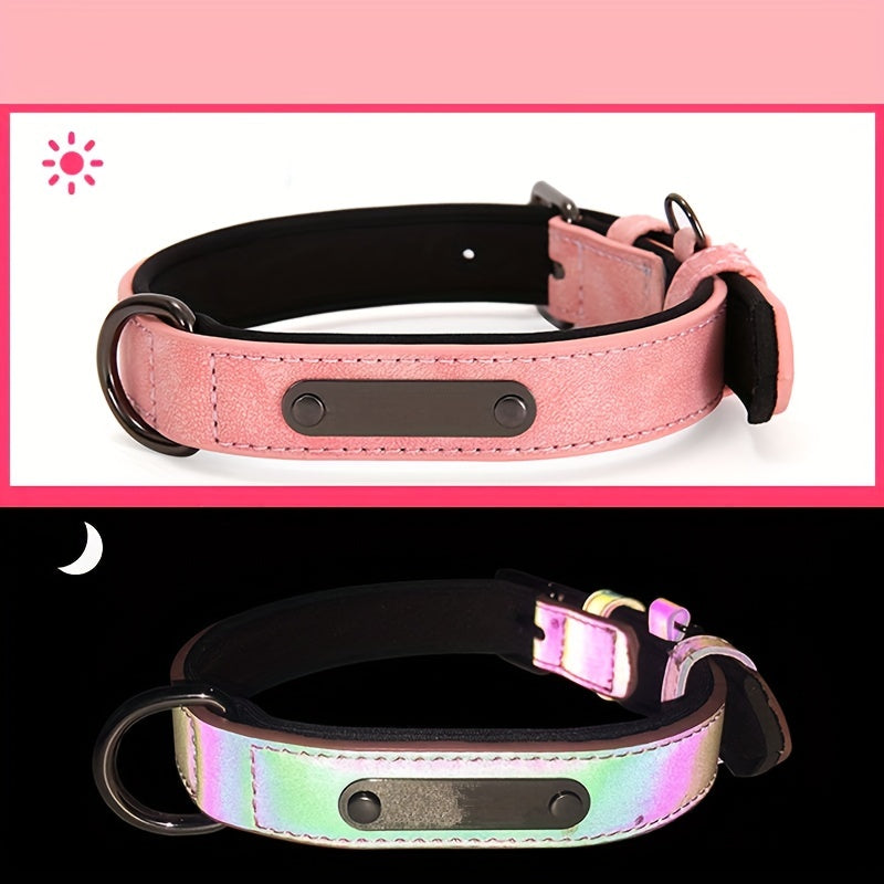Reflective Film Waterproof Leather Collar Matching Mid-section Reflective Webbing Leather Handle 5 Colors 4 Sizes Film Laser Engraving Nameplate Personalized Dog Collar