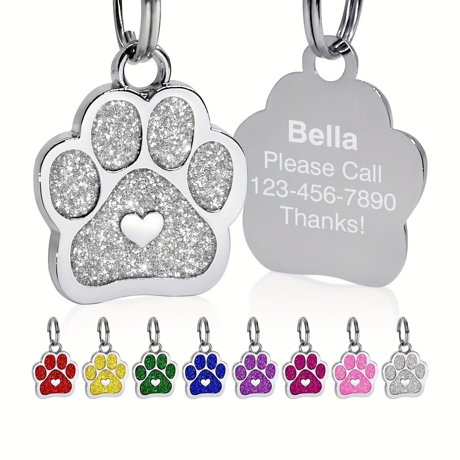 Personalized Dog Tag with Engraved Heart and Paw Prints for Bling and Safety