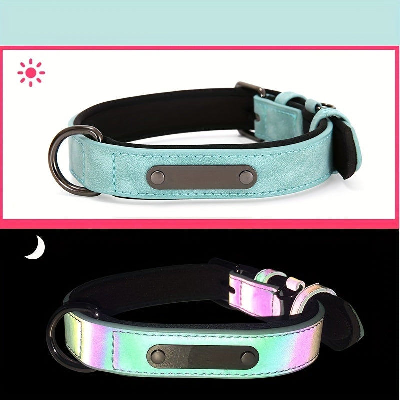 Reflective Film Waterproof Leather Collar Matching Mid-section Reflective Webbing Leather Handle 5 Colors 4 Sizes Film Laser Engraving Nameplate Personalized Dog Collar