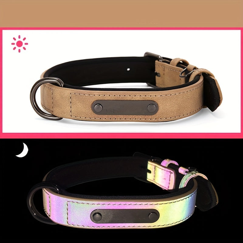 Reflective Film Waterproof Leather Collar Matching Mid-section Reflective Webbing Leather Handle 5 Colors 4 Sizes Film Laser Engraving Nameplate Personalized Dog Collar