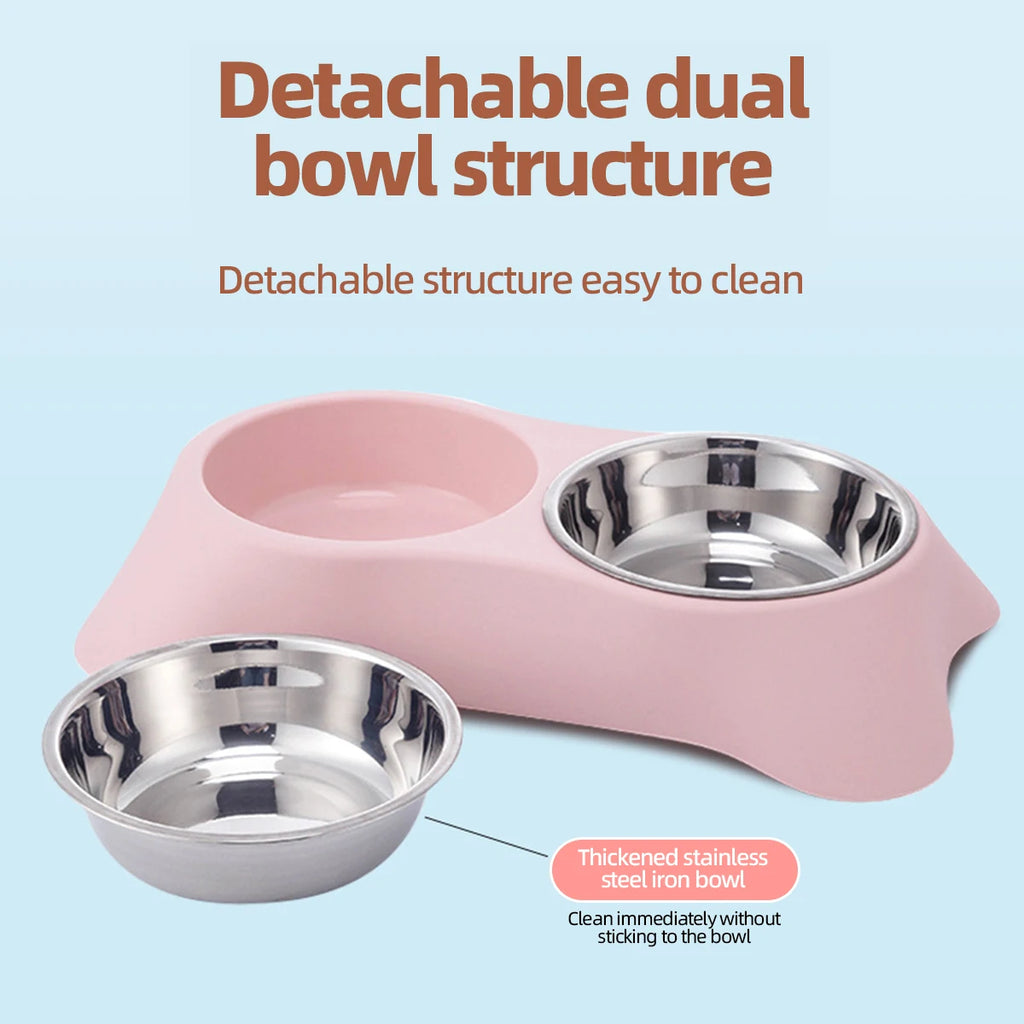 1PC Pet Stainless Steel Double Bowl Cat and Dog Bowl Cat Food Dish Dog Food Dish Anti-Spill Feeder and Waterer, Dual-Purpose Pet
