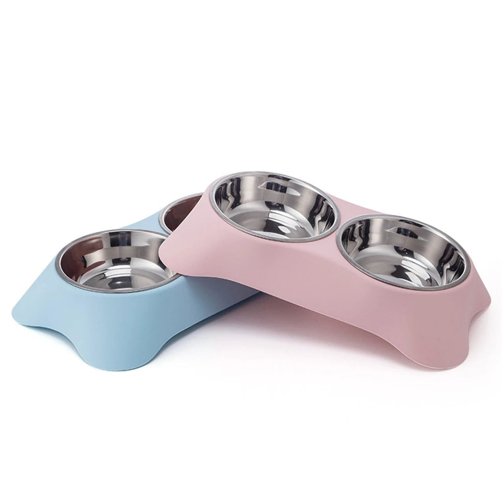 1PC Pet Stainless Steel Double Bowl Cat and Dog Bowl Cat Food Dish Dog Food Dish Anti-Spill Feeder and Waterer, Dual-Purpose Pet