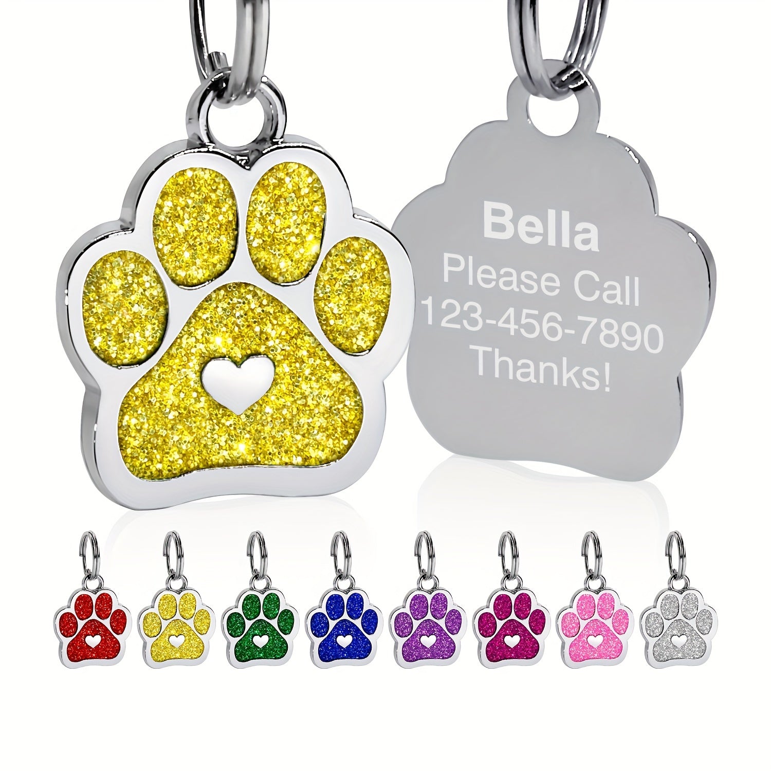 Personalized Dog Tag with Engraved Heart and Paw Prints for Bling and Safety