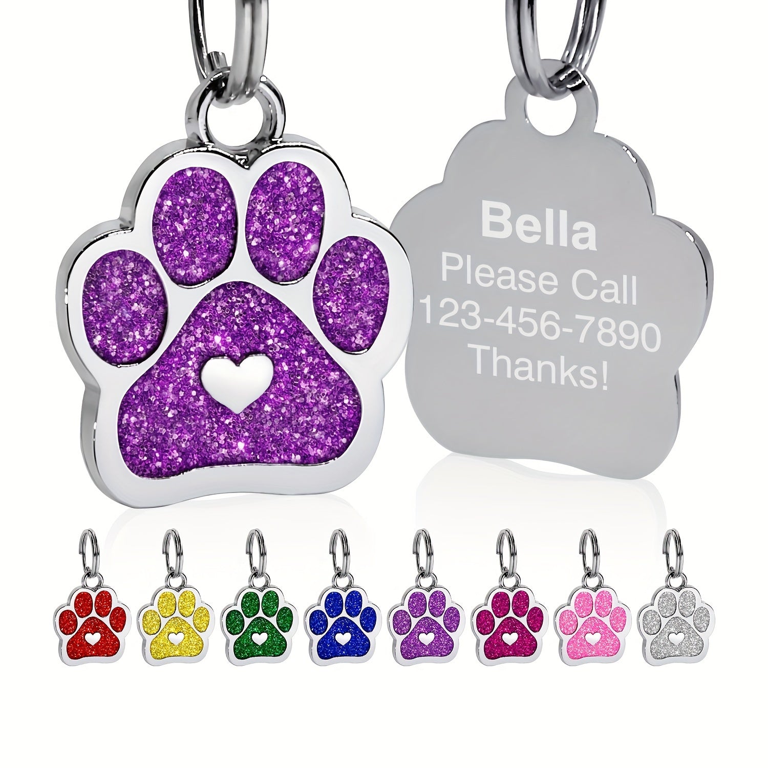 Personalized Dog Tag with Engraved Heart and Paw Prints for Bling and Safety