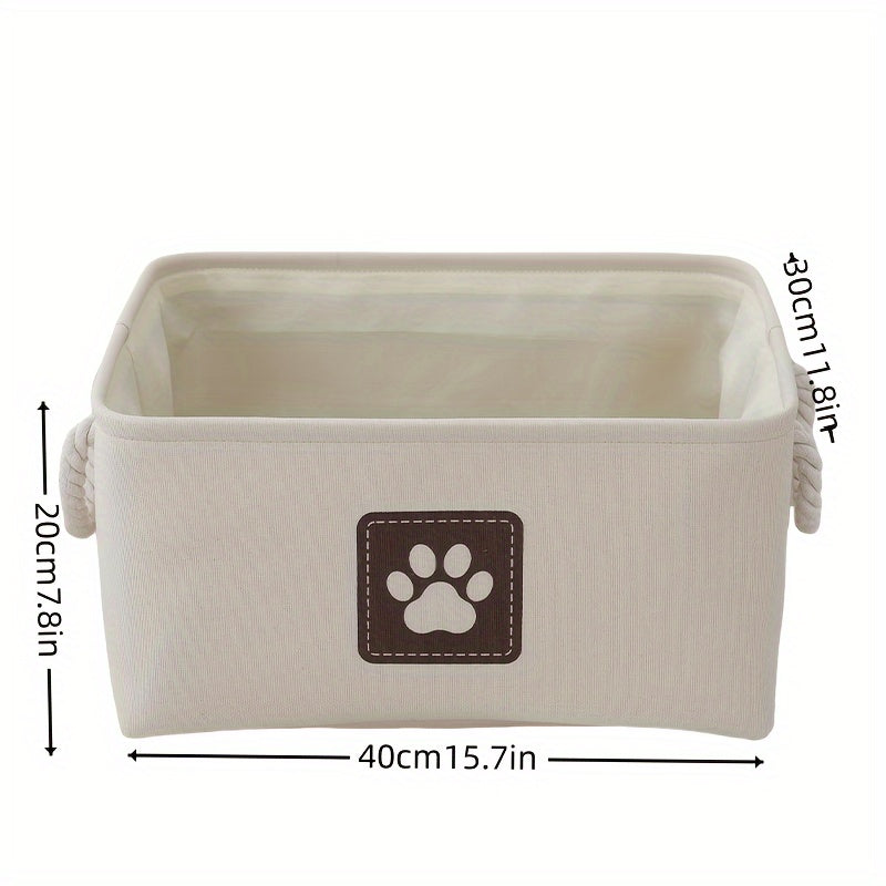 Beige Canvas Multi-Purpose Storage Box - Pet Toy Organizer with Brown Paw Print Design, Rope Handles - Ideal for Dog Toys, Clothes & Organizational Needs