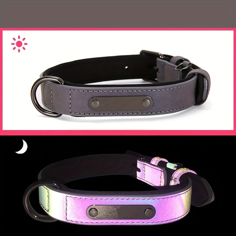 Reflective Film Waterproof Leather Collar Matching Mid-section Reflective Webbing Leather Handle 5 Colors 4 Sizes Film Laser Engraving Nameplate Personalized Dog Collar