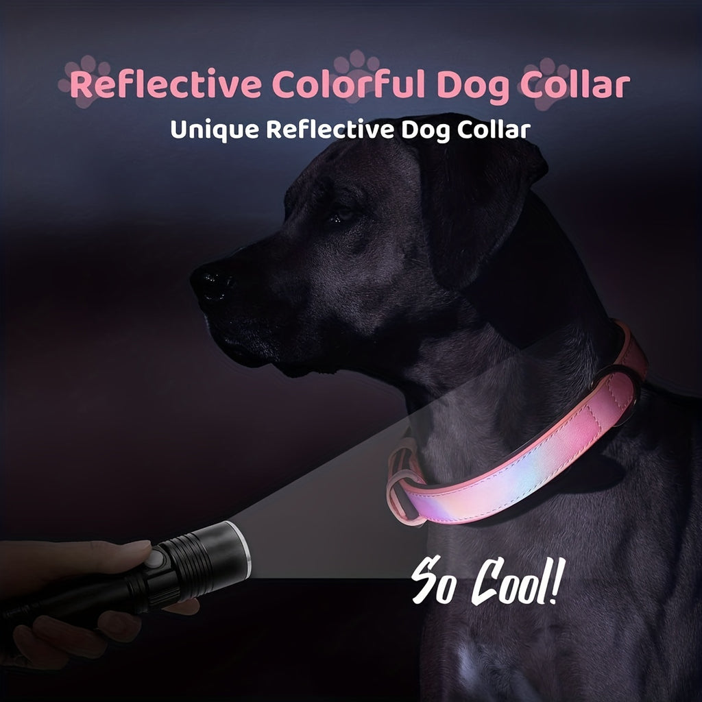 Reflective Film Waterproof Leather Collar Matching Mid-section Reflective Webbing Leather Handle 5 Colors 4 Sizes Film Laser Engraving Nameplate Personalized Dog Collar