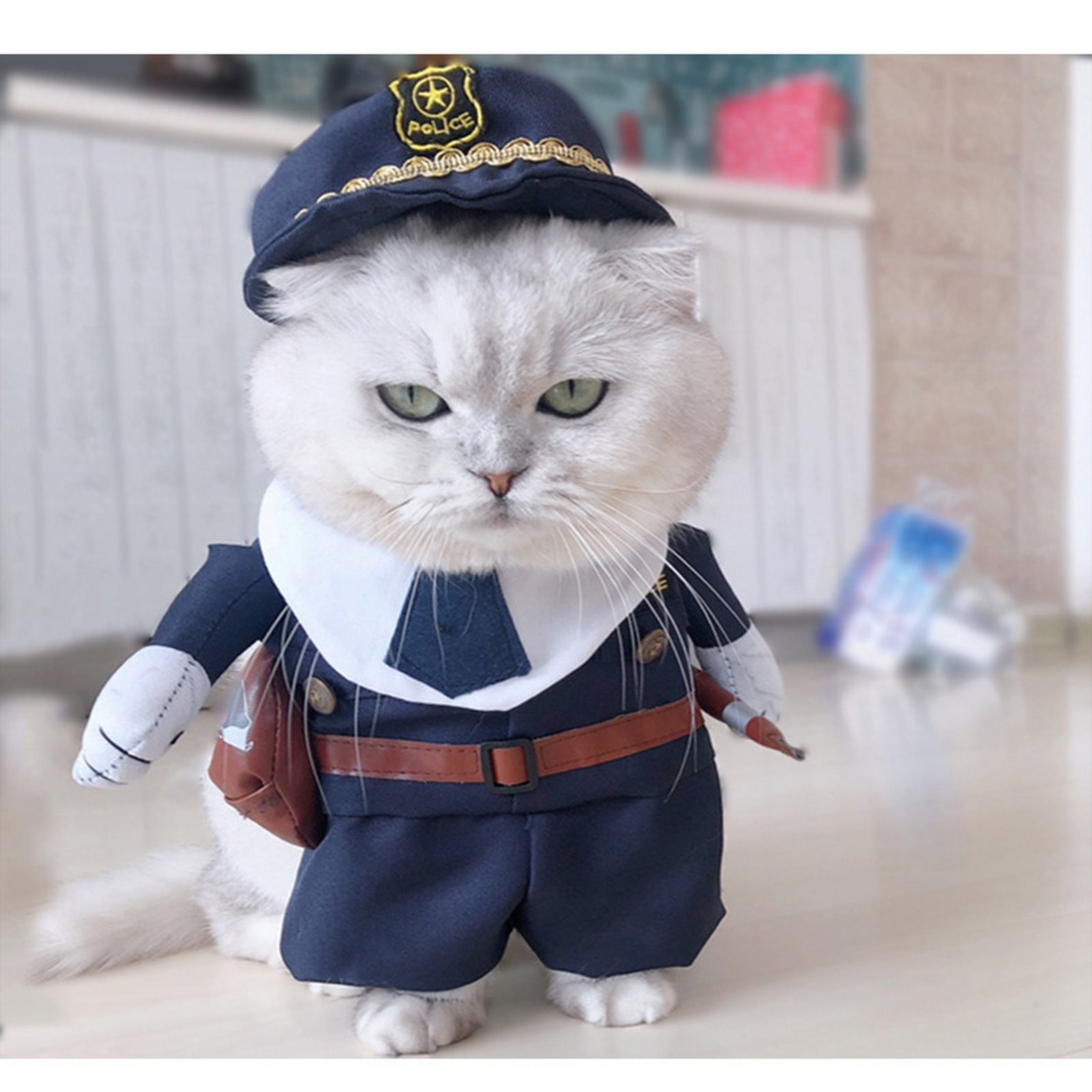 Adorable Small Breed Pet Policeman Costume - Polyester Knit Fabric, Cool Outfit with Hat for Christmas Halloween Party, Fun Cat Clothes for Small Dogs and Cats
